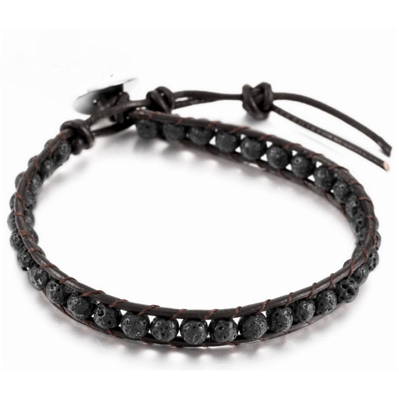 Láva černá, kožený náramek přírodní kámen zrozen ze 4 živlů