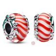 Charm Sterlingové stříbro 925 Sladké Vánoce – Červeno-bílý přívěsek se stuhou, korálek na náramek vánoce