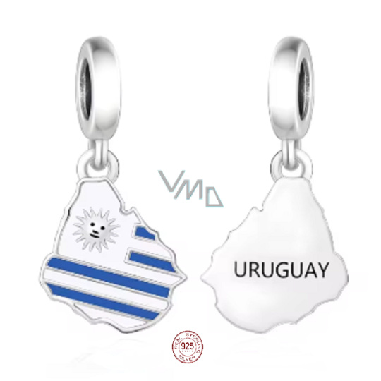 Charm Sterlingové stříbro 925 Uruguay vlajka - houpající se mapa, přívěsek na náramek cestování