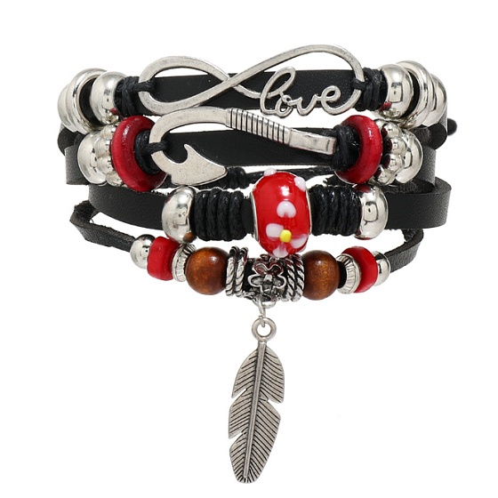 Kožený vícevrstvý náramek, symbol peříčko + kotva + nekonečno, nastavitelná velikost