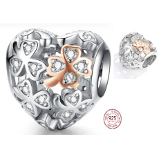 Charm Sterlingové stříbro 925 Milovaný čtyřlístek pro štěstí, korálek srdce na náramek láska