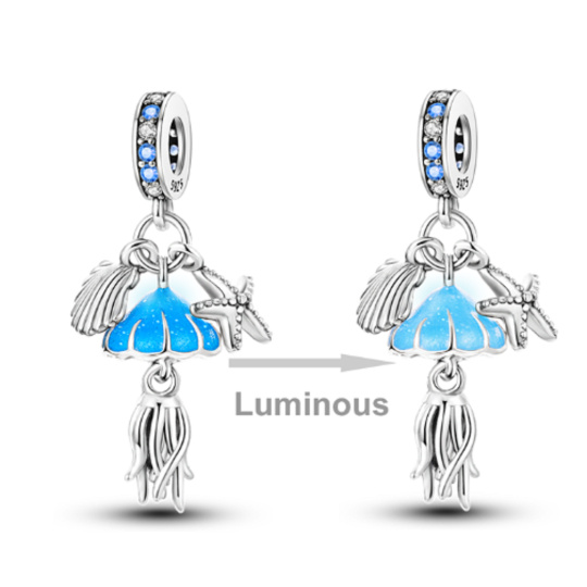 Charm Sterlingové stříbro 925 Moře - Medúza, hvězdice, škeble, 3v1 zářící ve tmě luminozní přívěsek na náramek moře