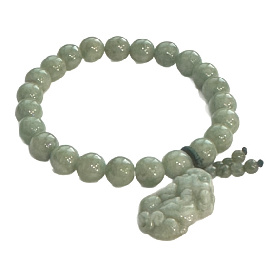 Elastický náramek z barmského nefritu s přírodním kamenem, zdobený přívěskem jednorožce, kuličky 6 mm, délka 16–17 cm, kámen klidu