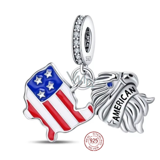 Charm Sterlingové stříbro 925 USA vlajka - houpající se mapa + symbol - orel, přívěsek na náramek cestování Charm Sterlingové stříbro 925 USA vlajka - houpající se mapa + symbol - orel, přívěsek na náramek cestování