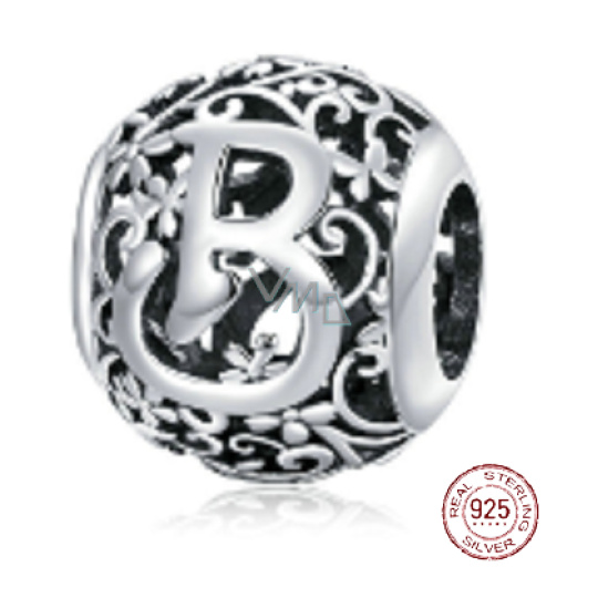 Charm Sterlingové stříbro 925 Kouzelná abeceda písmeno B s květinami, korálek na náramek Charm Sterlingové stříbro 925 Kouzelná abeceda písmeno B s květinami, korálek na náramek