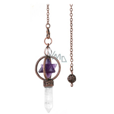 Ametyst Merkaba kyvadlo + čirý křemen + bronz, přívěsek přírodní kámen 7,7 cm, řetízek cca 26,5 cm