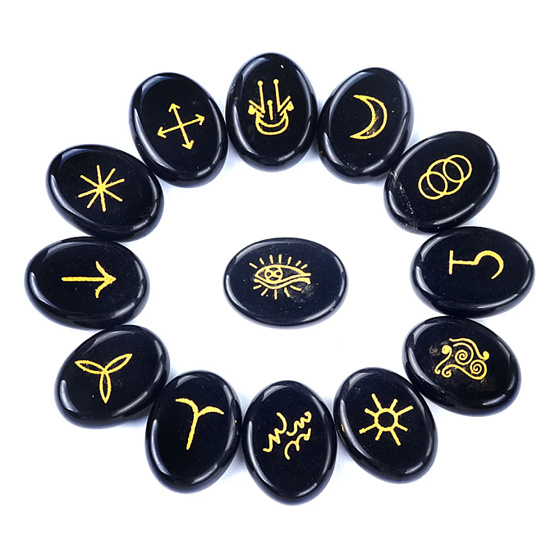 Obsidian Runové abecedy oválný přírodní kámen, 15 x 20 mm 13 kusů Písmena, posvátný symbol, léčivý drahokam, kámen záchrany
