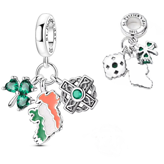 Charm Sterlingové stříbro 925 Irsko – Den svatého Patrika, houpající se mapa, trojlístek a keltský uzel, 3v1 přívěsek na náramek cestování