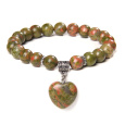 Unakit + Srdce náramek elastický přírodní kámen, kulička 8 mm / 19 cm, kámen osobního růstu a vizí