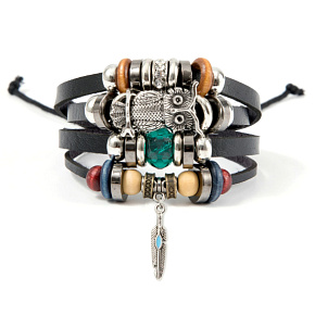 Kožený vícevrstvý náramek, symbol sova + peříčko, nastavitelná velikost