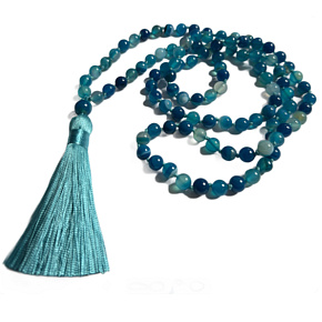 108 Mala Achát modrý náhrdelník, meditační šperk, přírodní kámen vázaný, elastický, korálek 8 mm