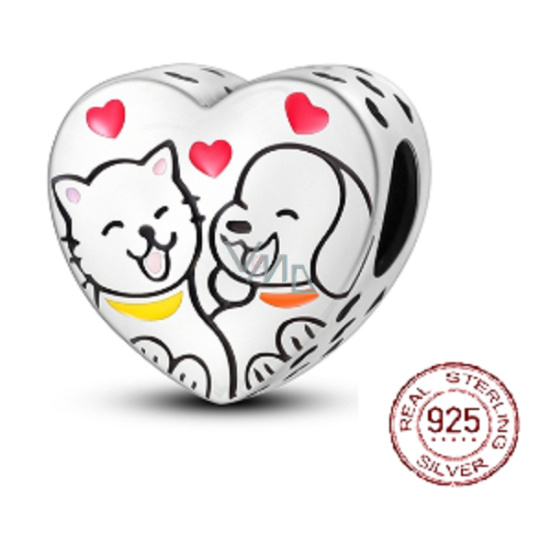 Charm Sterlingové stříbro 925 Kočičí a psí srdce, korálek na náramek mazlíček