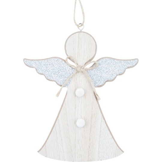 Anděl dřevěný se stříbrnými křídly na zavěšení 15 cm