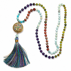 108 Mala 7 čakrový náhrdelník, meditační šperk, přírodní kámen, vázaný, střapec 9 cm, korálek 6+8 mm