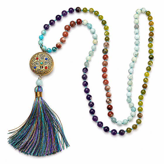 108 Mala 7 čakrový náhrdelník, meditační šperk, přírodní kámen, vázaný, střapec 9 cm, korálek 6+8 mm