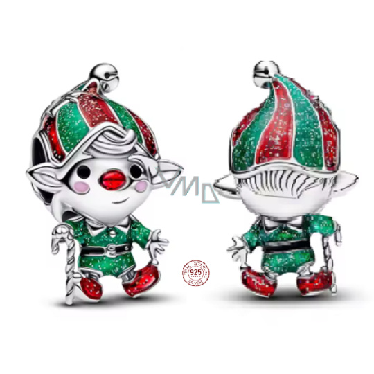 Charm Sterlingové stříbro 925 Vánoční skřítek Elf - vánoční Santa Clausův pomocník, korálek na náramek vánoce