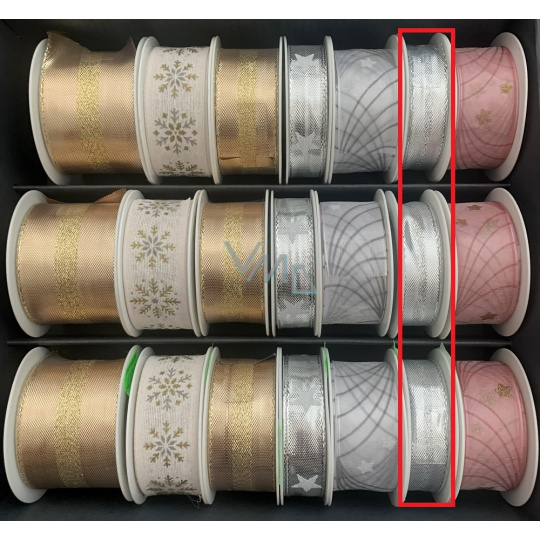 Nekupto Stuha látková vánoční Stříbrná s pruhem uprostřed 15 mm x 3 m