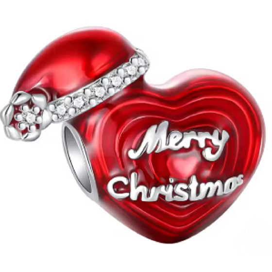 Charm Vánoční srdce - Merry Christmas s čepičkou, korálek na náramek vánoce