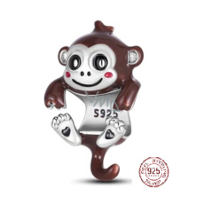 Charm Sterlingové stříbro 925 Opička se dvěma srdíčky, korálek na náramek zvíře