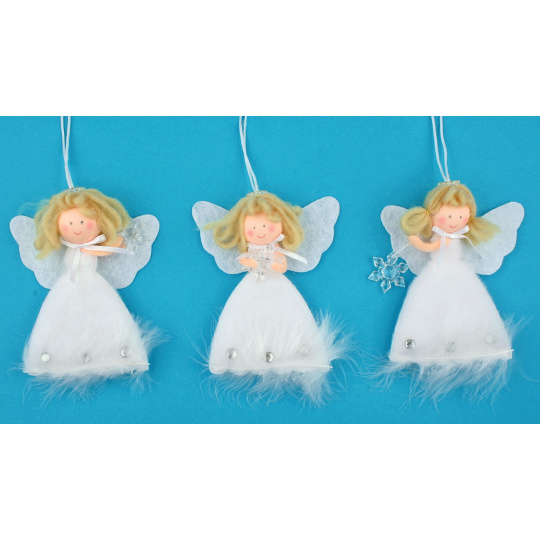 Anděl plyšový s peřím a vločkou na zavěšení různé druhy 14 cm