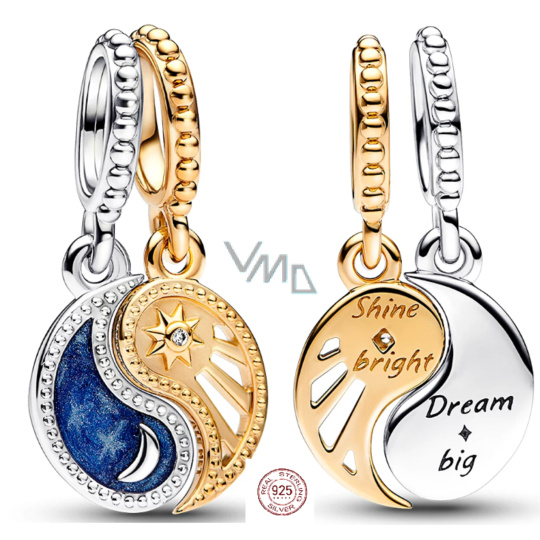 Charm Sterlingové stříbro 925 Jin & Jang, slunce a měsíc dělitelný přívěsek na náramek, symbol Charm Sterlingové stříbro 925 Jin & Jang, slunce a měsíc dělitelný přívěsek na náramek, symbol