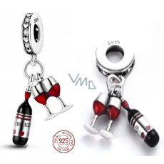 Charm Sterlingové stříbro 925 Miluji víno - láhev + skleničky, 2v1, přívěsek na náramek, jídlo a pití
