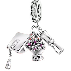 Charm Graduation - Promoční čepice, diplom, květiny, 3v1 Absolvent přívěsek na náramek, gradace