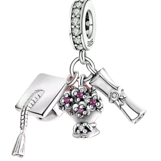 Charm Graduation - Promoční čepice, diplom, květiny, 3v1 Absolvent přívěsek na náramek, gradace