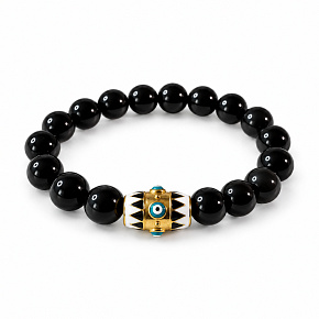Obsidiánový náramek elastický + modré oko, přírodní kámen, kulička 10 mm / 16 - 17cm | Talisman ochrany a vnitřní síly