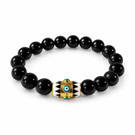 Obsidiánový náramek elastický + modré oko, přírodní kámen, kulička 10 mm / 16 - 17cm | Talisman ochrany a vnitřní síly