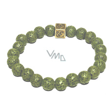 Láva láhvově zelená s královskou mantrou Óm, náramek elastický přírodní kámen, kulička 8 mm / 16 - 17 cm, zrozen ze čtyř živlů