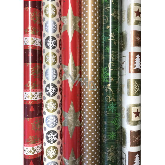 Zoewie Dárkový balicí papír 70 x 500 cm Vánoční červený s pruhy, stromky a vločky
