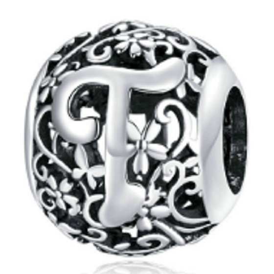 Charm Kouzelná abeceda písmeno T s květinami, korálek na náramek