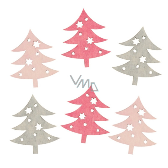Stromky dřevěné růžové a šedé 6 cm 6 kusů Stromky dřevěné růžové a šedé 6 cm 6 kusů