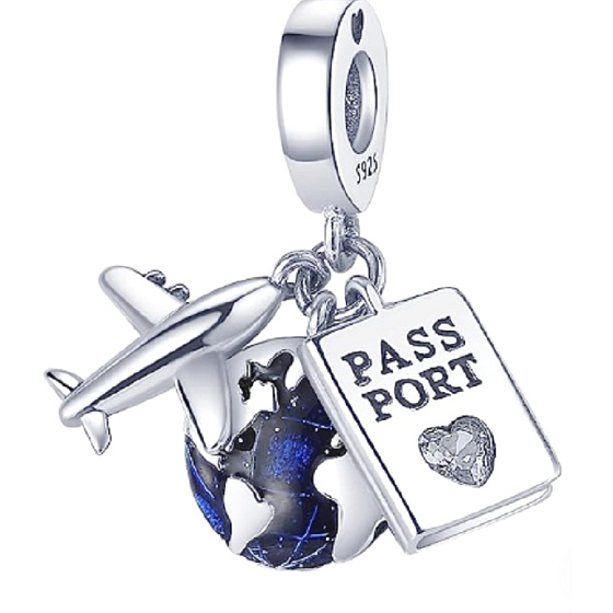 Charm Cesta kolem světa, zeměkoule, pas, letadlo, 3v1 přívěsek na náramek cestování