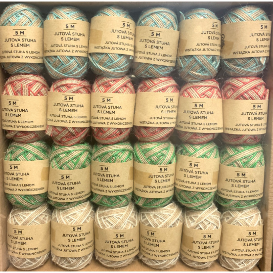 Albi Jutová stuha Přírodní s modrým, červeným, zeleným a bílým lemem 24 x 5 m krabička