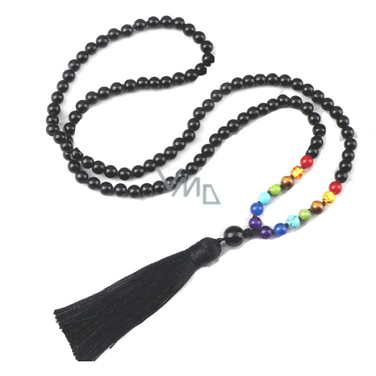 108 Mala 7 čakrový náhrdelník, Onyx meditační šperk, přírodní kámen vázaný, elastický, střapec 8 cm, korálek 6 mm 108 Mala 7 čakrový náhrdelník, Onyx meditační šperk, přírodní kámen vázaný, elastický, střapec 8 cm, korálek 6 mm