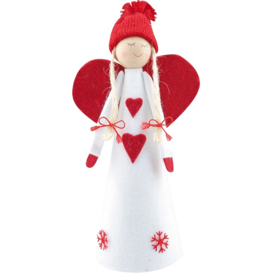 Anděl flísový s červenými křídly ve tvaru srdce červenobílý 20 cm na postavení