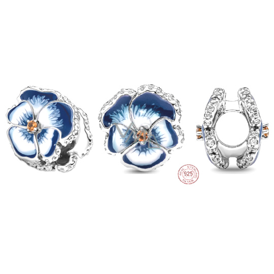 Charm Srebrna 925 Niebieska Fiołek, koralik na bransoletkę przyroda Charm Srebrna 925 Niebieska Fiołek, koralik na bransoletkę przyroda