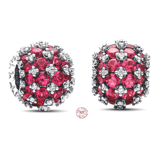 Charm Sterlingové stříbro 925 Třpytivé kulaté červené kouzlo Pavé, korálek na náramek symbol