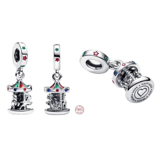 Charm Sterlingové stříbro 925 Santa Claus a jeho soby na palubě, rotujícího kolotoče, přívěsek na náramek vánoce