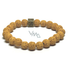 Láva žlutá s královskou mantrou Óm, náramek elastický přírodní kámen, kulička 8 mm / 16 - 17 cm, zrozen ze čtyř živlů