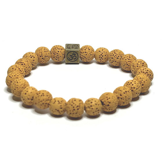 Láva žlutá s královskou mantrou Óm, náramek elastický přírodní kámen, kulička 8 mm / 16 - 17 cm, zrozen ze čtyř živlů