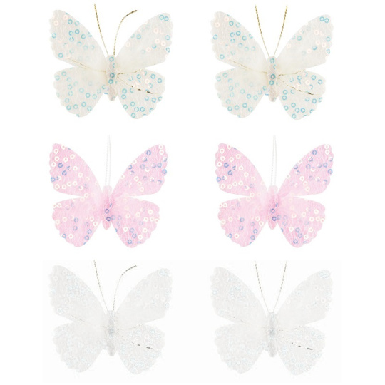 Motýlek s flitry a peřím s lepíkem 6 cm různé barvy