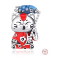 Charm Sterlingové stříbro 925 Japonská kočka Maneki Neko s rybou Koi pro štěstí, přívěsek na náramek cestování