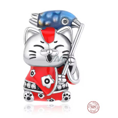 Charm Sterlingové stříbro 925 Japonská kočka Maneki Neko s rybou Koi pro štěstí, přívěsek na náramek cestování