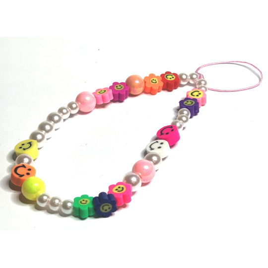 Přívěsek na mobilní telefon proti ztrátě s korálky, smajlík, perličky, obvod 26,5 cm