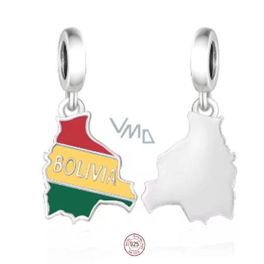 Charm Sterlingové stříbro 925 Bolívie vlajka - houpající se mapa, přívěsek na náramek cestování Charm Sterlingové stříbro 925 Bolívie vlajka - houpající se mapa, přívěsek na náramek cestování
