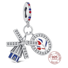 Charm Sterlingové stříbro 925 Nizozemsko, Holandský mlýn, vlajka – tradice, klid severu, 2v1 přívěsek na náramek cestování