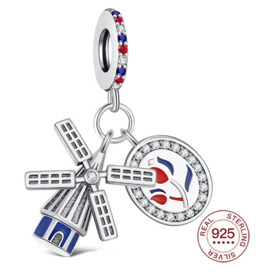 Charm Sterlingové stříbro 925 Nizozemsko, Holandský mlýn, vlajka – tradice, klid severu, 2v1 přívěsek na náramek cestování